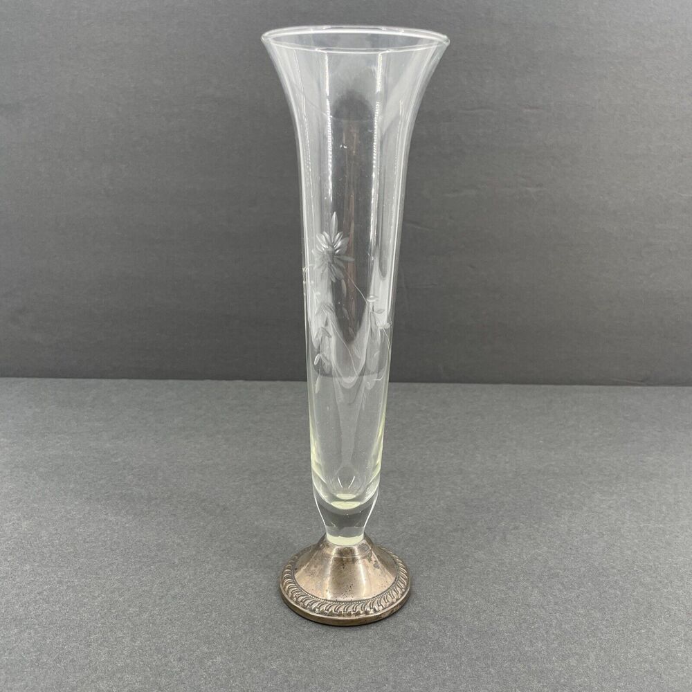 Duchin Creations Sterling Base Etched Glass Flute Bud Vase Tulip Weighted 9.5" T - Picture 4 of 13